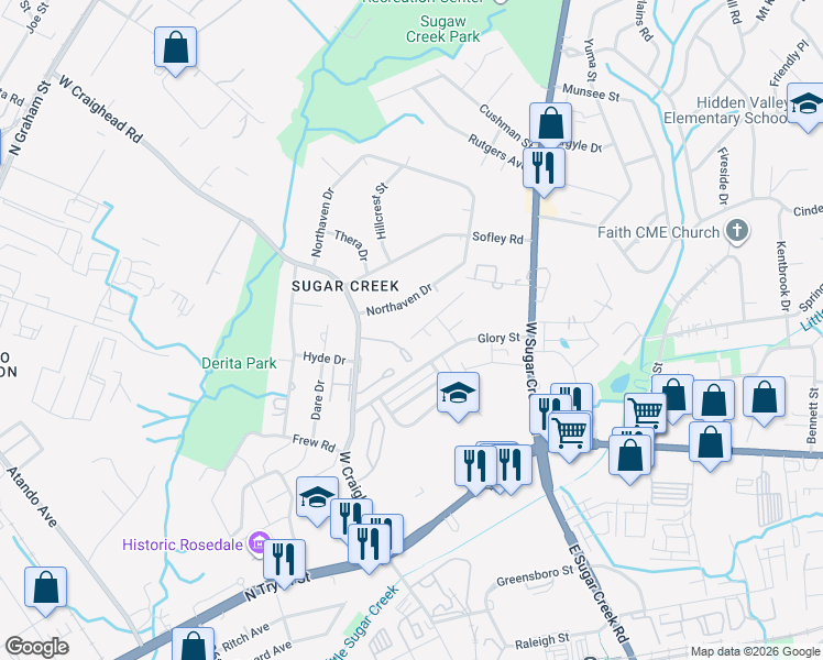 map of restaurants, bars, coffee shops, grocery stores, and more near 526 West Craighead Road in Charlotte