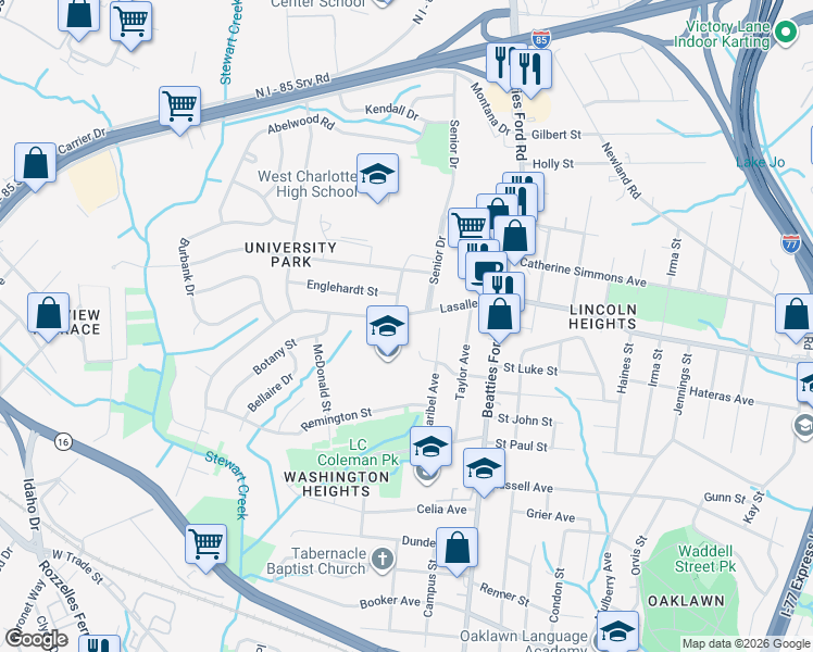 map of restaurants, bars, coffee shops, grocery stores, and more near 2601 Lasalle Street in Charlotte