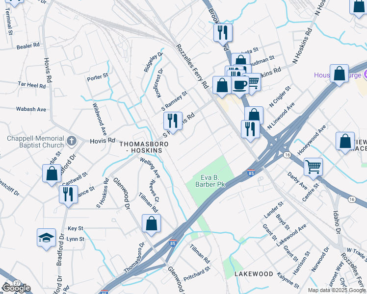 map of restaurants, bars, coffee shops, grocery stores, and more near 241 Hoskins Avenue Drive in Charlotte