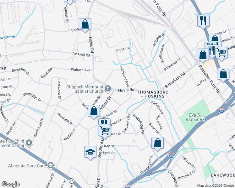 map of restaurants, bars, coffee shops, grocery stores, and more near 4439 Hovis Road in Charlotte