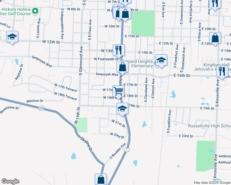map of restaurants, bars, coffee shops, grocery stores, and more near 103 West 17th Street in Russellville