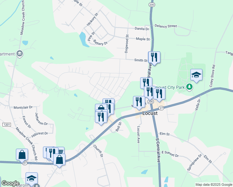 map of restaurants, bars, coffee shops, grocery stores, and more near 249 Harrison Lane in Locust