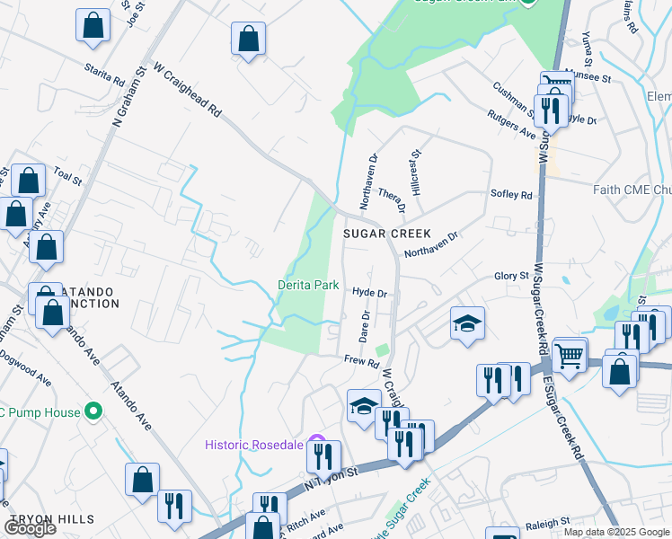 map of restaurants, bars, coffee shops, grocery stores, and more near 525 Drury Drive in Charlotte