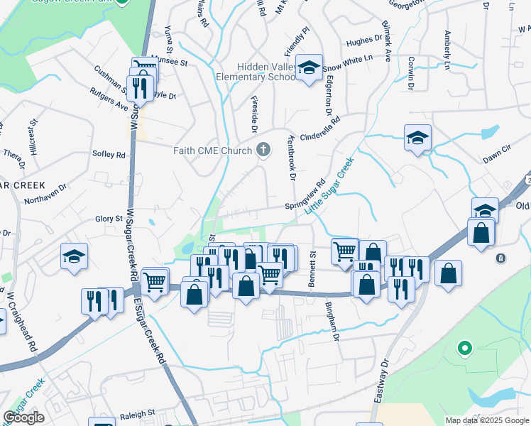 map of restaurants, bars, coffee shops, grocery stores, and more near 4624 Springview Road in Charlotte