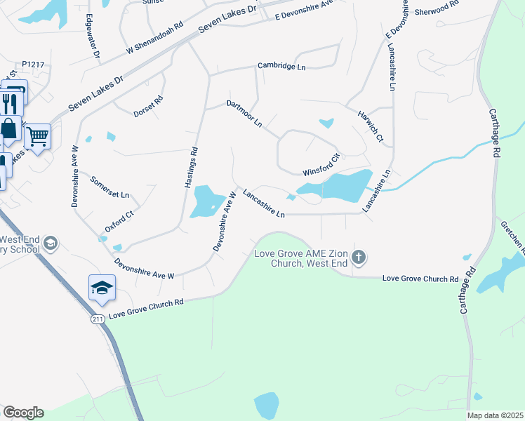 map of restaurants, bars, coffee shops, grocery stores, and more near 155 Lancashire Lane in Seven Lakes