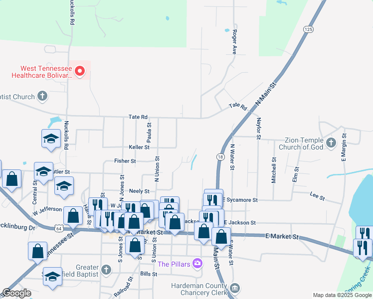 map of restaurants, bars, coffee shops, grocery stores, and more near 450 North Lauderdale Street in Bolivar