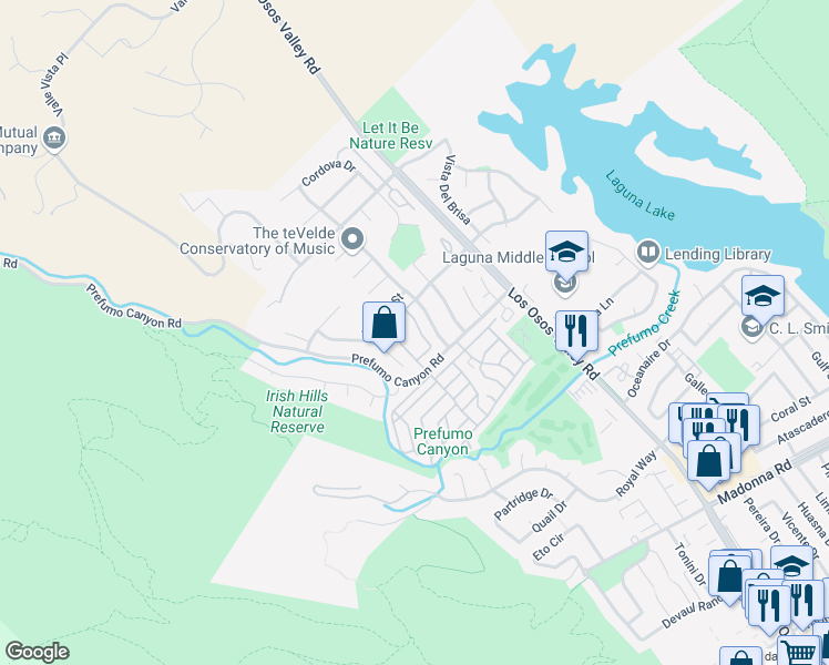 map of restaurants, bars, coffee shops, grocery stores, and more near 1750 Prefumo Canyon Road in San Luis Obispo