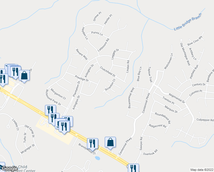 map of restaurants, bars, coffee shops, grocery stores, and more near 26 Petticoat Way in Cameron