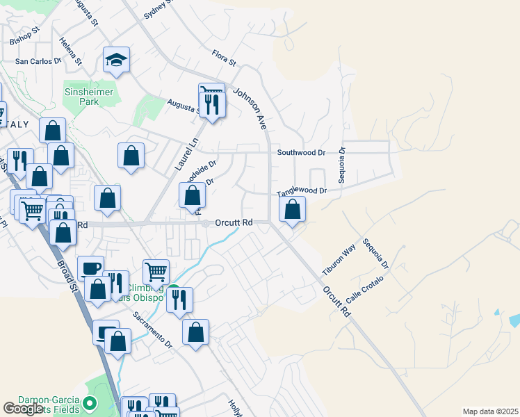 map of restaurants, bars, coffee shops, grocery stores, and more near 3667 Johnson Avenue in San Luis Obispo