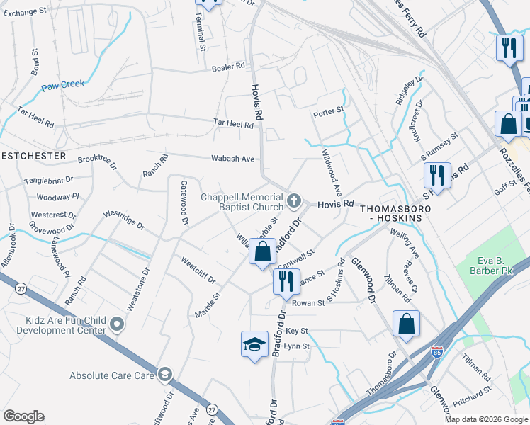 map of restaurants, bars, coffee shops, grocery stores, and more near 807 Lewiston Avenue in Charlotte