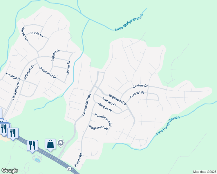map of restaurants, bars, coffee shops, grocery stores, and more near 125 Declaration Drive in Cameron