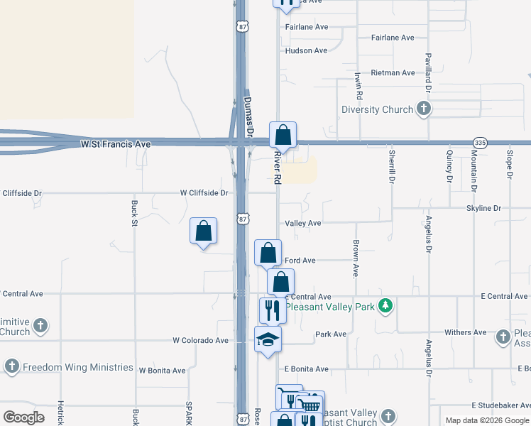 map of restaurants, bars, coffee shops, grocery stores, and more near 5203 River Road in Amarillo