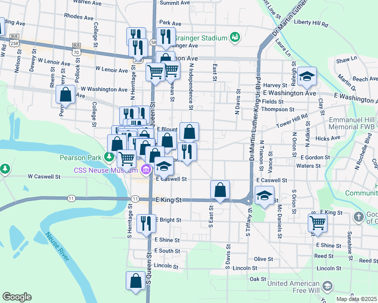 map of restaurants, bars, coffee shops, grocery stores, and more near 231 North Street in Kinston