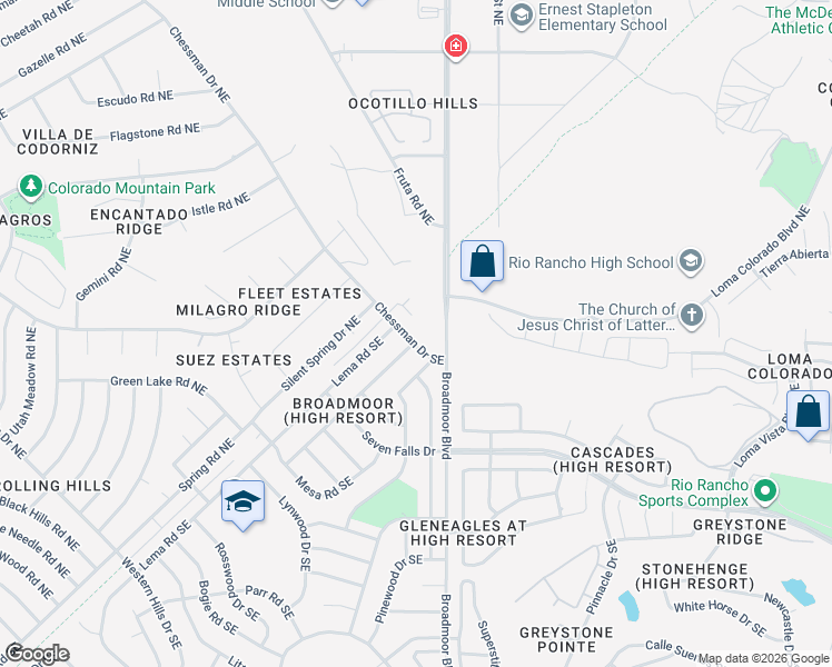 map of restaurants, bars, coffee shops, grocery stores, and more near 2885 Chessman Drive Northeast in Rio Rancho