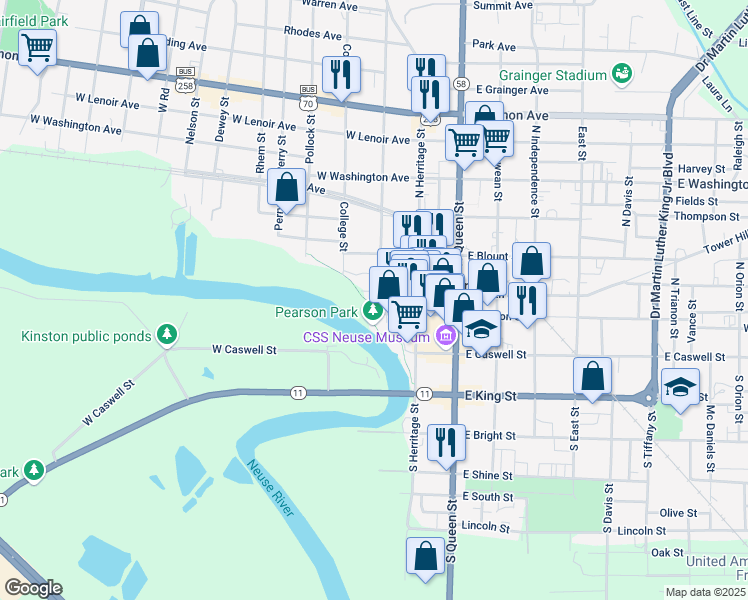 map of restaurants, bars, coffee shops, grocery stores, and more near 206 Mitchell Street in Kinston