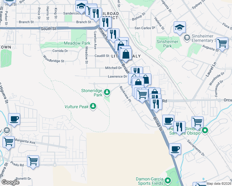 map of restaurants, bars, coffee shops, grocery stores, and more near 540 Perkins Lane in San Luis Obispo