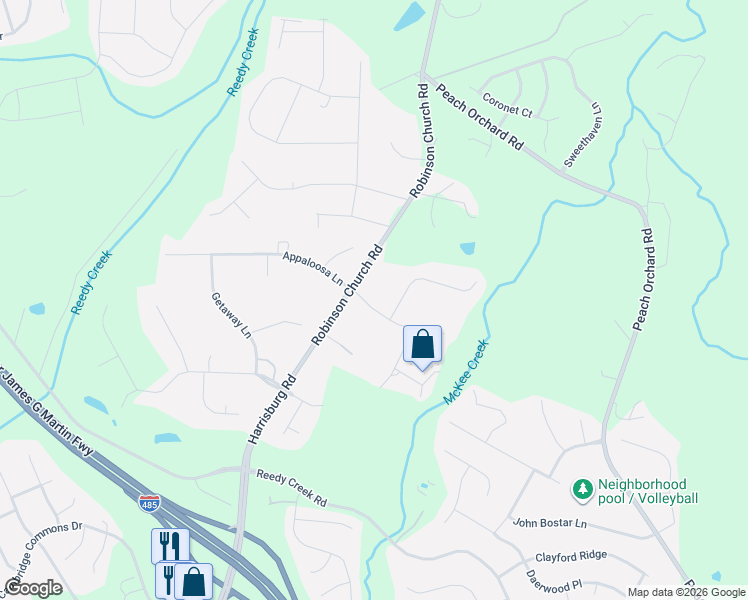 map of restaurants, bars, coffee shops, grocery stores, and more near 4554 Appaloosa Lane in Charlotte