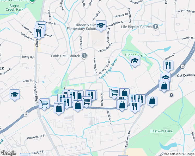 map of restaurants, bars, coffee shops, grocery stores, and more near 401 Kentbrook Drive in Charlotte