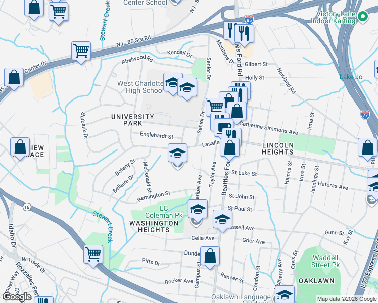 map of restaurants, bars, coffee shops, grocery stores, and more near 2601 Lasalle Street in Charlotte