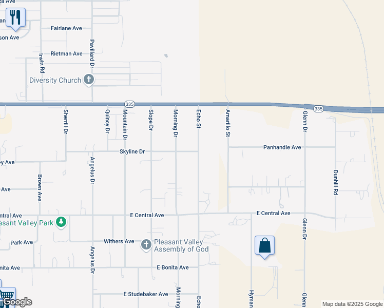 map of restaurants, bars, coffee shops, grocery stores, and more near 4857 Echo Street in Amarillo