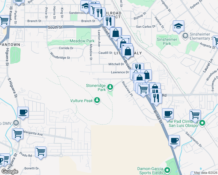 map of restaurants, bars, coffee shops, grocery stores, and more near 524 Bluerock Drive in San Luis Obispo