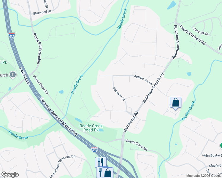 map of restaurants, bars, coffee shops, grocery stores, and more near 11601 Getaway Lane in Charlotte
