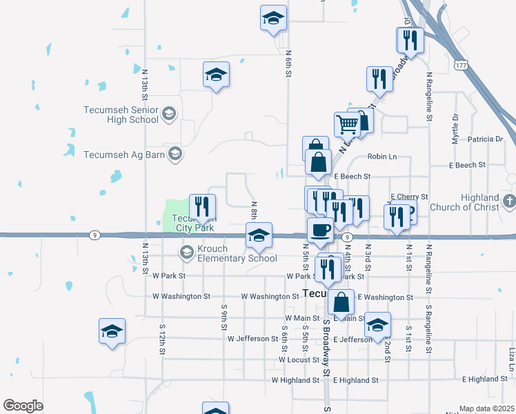map of restaurants, bars, coffee shops, grocery stores, and more near 413 North 8th Street in Tecumseh