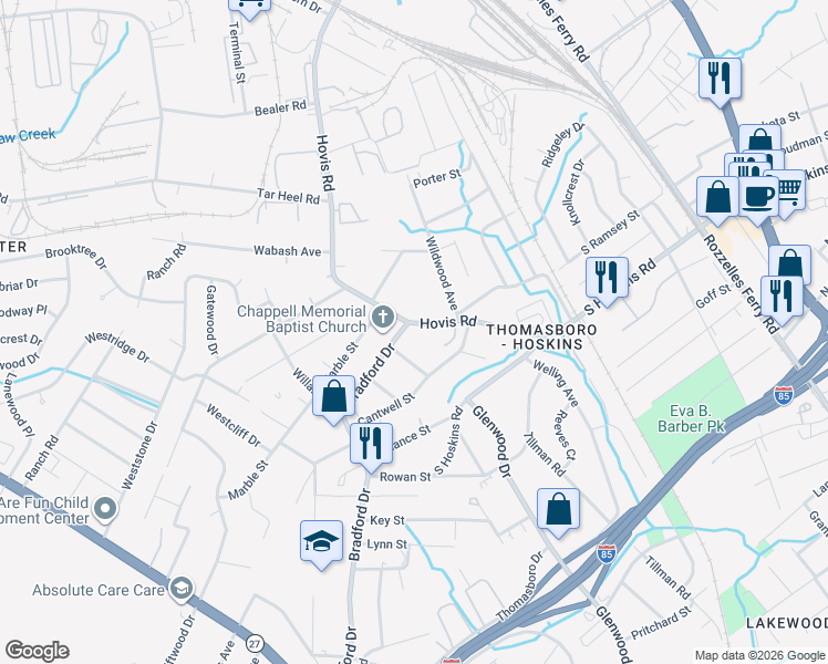 map of restaurants, bars, coffee shops, grocery stores, and more near 4439 Hovis Road in Charlotte