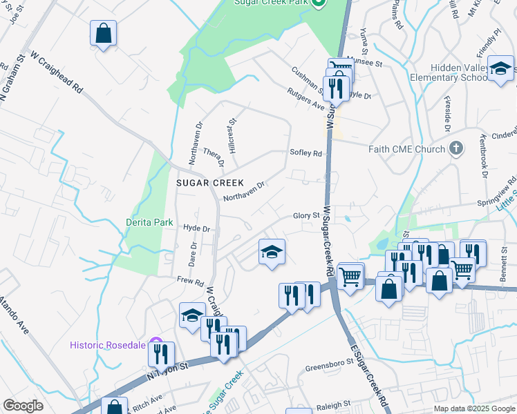 map of restaurants, bars, coffee shops, grocery stores, and more near 2425 Anna Garrison Road in Charlotte