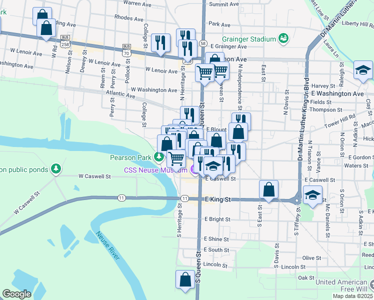 map of restaurants, bars, coffee shops, grocery stores, and more near 300 North Herritage Street in Kinston