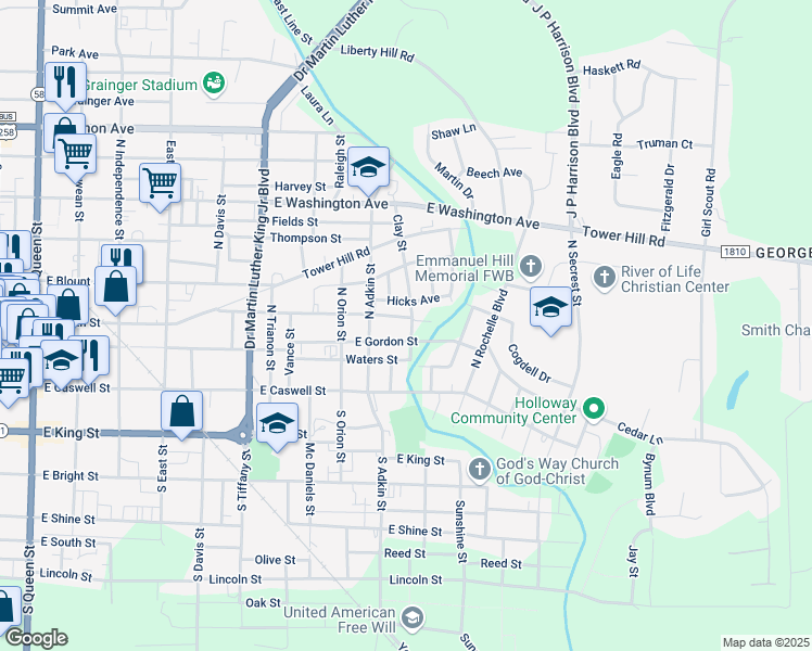 map of restaurants, bars, coffee shops, grocery stores, and more near 202 Clay St in Kinston