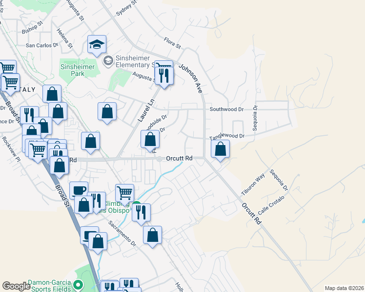 map of restaurants, bars, coffee shops, grocery stores, and more near 3689 Lawnwood Court in San Luis Obispo