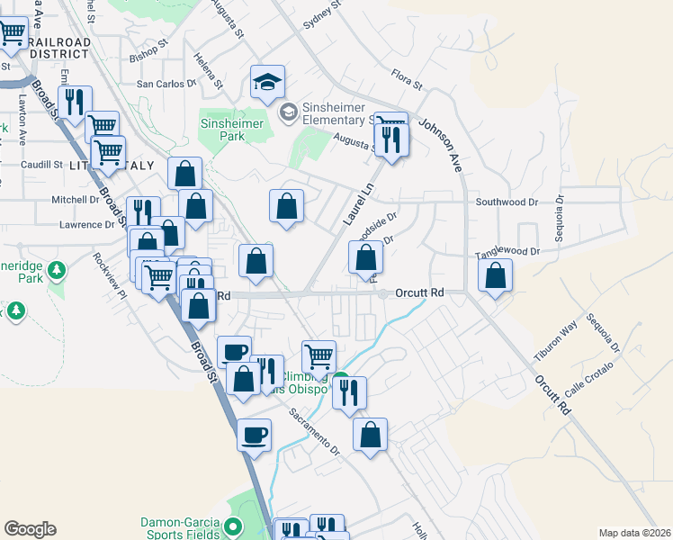 map of restaurants, bars, coffee shops, grocery stores, and more near 1130 Woodside Drive in San Luis Obispo