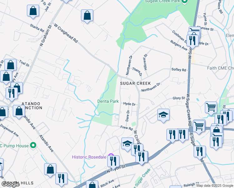 map of restaurants, bars, coffee shops, grocery stores, and more near 525 Drury Drive in Charlotte