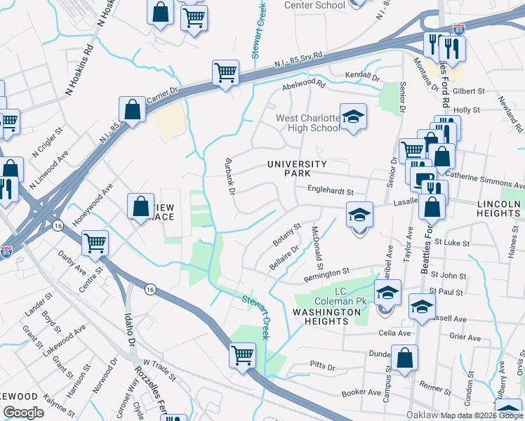 map of restaurants, bars, coffee shops, grocery stores, and more near 2827 Burbank Drive in Charlotte