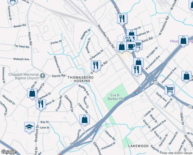 map of restaurants, bars, coffee shops, grocery stores, and more near 241 Hoskins Avenue Drive in Charlotte