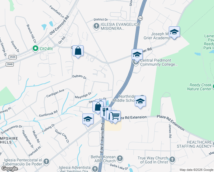 map of restaurants, bars, coffee shops, grocery stores, and more near 7326 Meadowland Drive in Charlotte