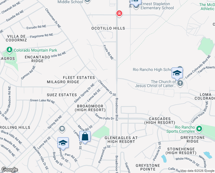 map of restaurants, bars, coffee shops, grocery stores, and more near 2885 Chessman Drive Northeast in Rio Rancho