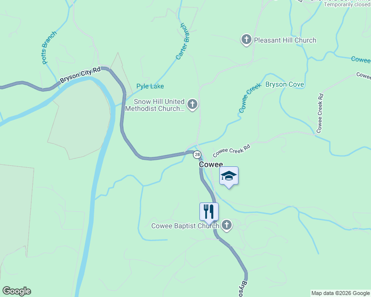 map of restaurants, bars, coffee shops, grocery stores, and more near 6961 Bryson City Road in Franklin