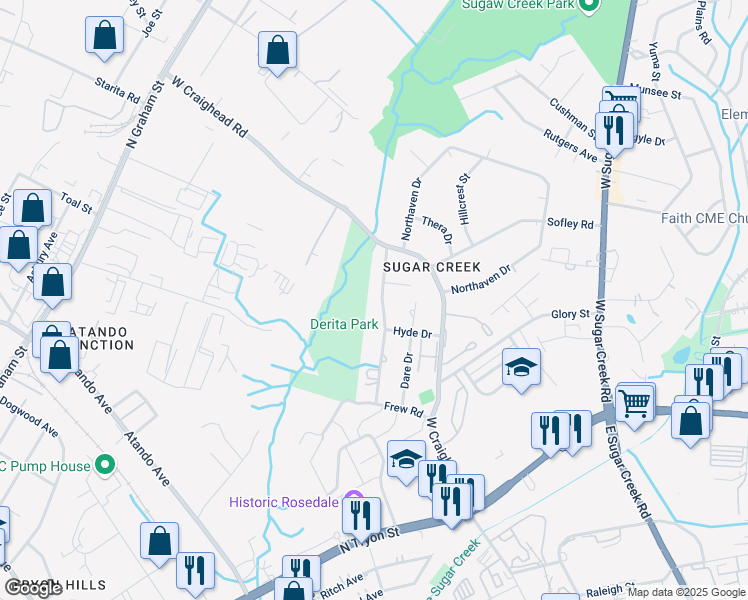 map of restaurants, bars, coffee shops, grocery stores, and more near 525 Drury Drive in Charlotte