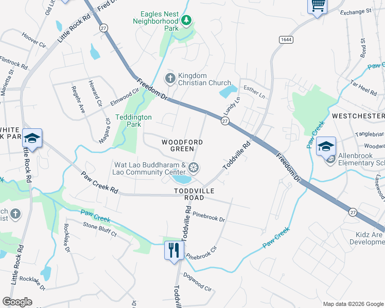 map of restaurants, bars, coffee shops, grocery stores, and more near 1734 Teddington Drive in Charlotte