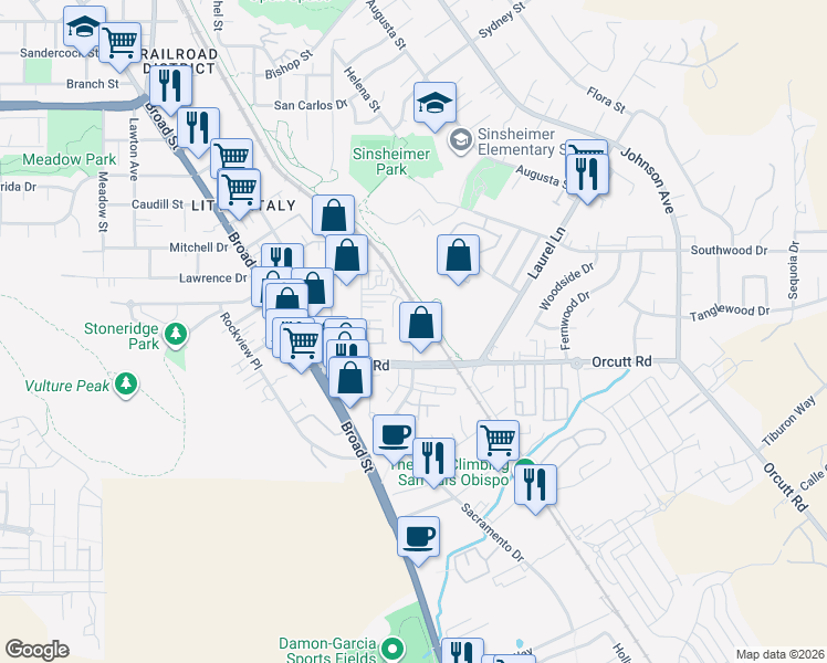map of restaurants, bars, coffee shops, grocery stores, and more near 3120 Duncan Road in San Luis Obispo