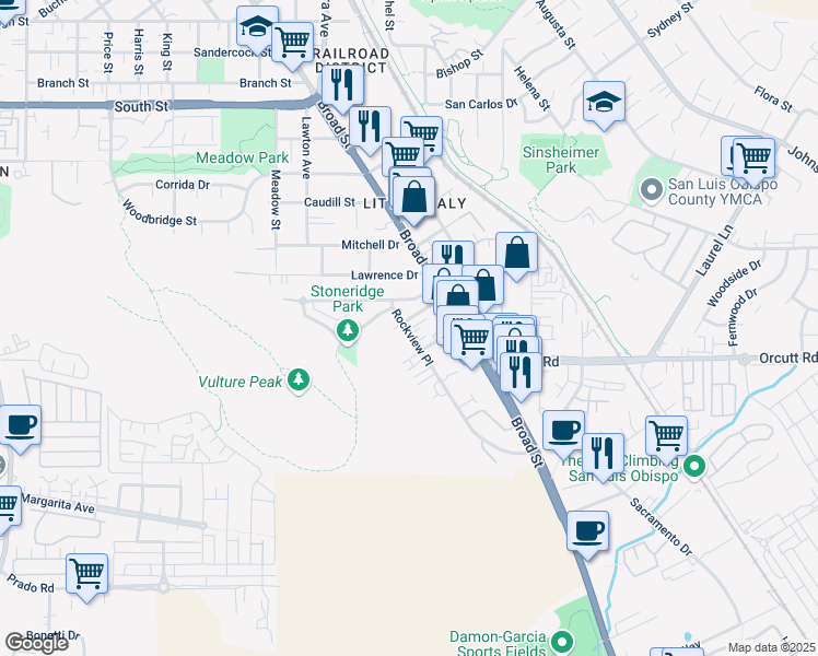 map of restaurants, bars, coffee shops, grocery stores, and more near 2904 Rockview Place in San Luis Obispo
