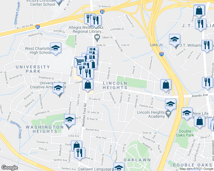 map of restaurants, bars, coffee shops, grocery stores, and more near 2025 Lasalle Street in Charlotte