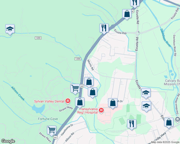 map of restaurants, bars, coffee shops, grocery stores, and more near Doty Drive in Brevard