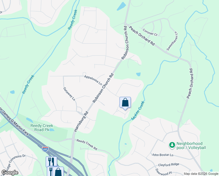map of restaurants, bars, coffee shops, grocery stores, and more near 4554 Appaloosa Lane in Charlotte
