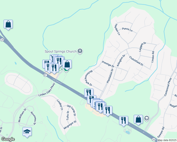map of restaurants, bars, coffee shops, grocery stores, and more near 301 Richmond Park Drive in Cameron