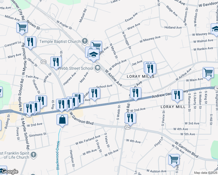 map of restaurants, bars, coffee shops, grocery stores, and more near 104 North Yates Street in Gastonia