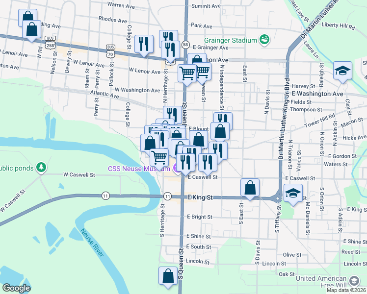 map of restaurants, bars, coffee shops, grocery stores, and more near in Kinston