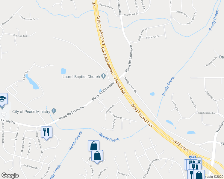 map of restaurants, bars, coffee shops, grocery stores, and more near 11806 Plaza Road Extension in Charlotte